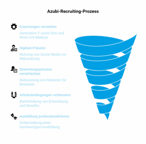Grafik zeigt einen Recruiting-Funnel für Azubis in der Fitnessbranche mit Fokus auf Generation Z, Social Media, einfache Bewerbung und hochwertige Ausbildung.