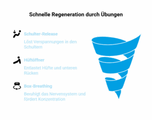 Grafik auf dunklem Hintergrund mit blauem, abstraktem Spiral-Symbol und Text zu kurzen Regenerationsübungen im Arbeitsalltag: Schulter-Release, Hüftöffner und Box-Breathing mit jeweiligem Nutzen.