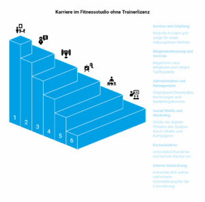 Blaue 6-stufige Treppe (1–6) mit rechts gelisteten Aufgabenbereichen eines Fitnessstudios wie Service, Vertrieb, Management, Marketing, Kursassistenz und Entwicklung.