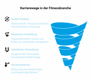 Infografik zum Vergleich von dualem Studium und klassischer Ausbildung im Fitnessbereich mit Fokus auf Theorie, Praxis, Gehalt und Karrierechancen