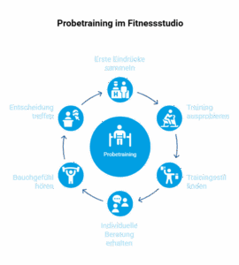 Infografik Probetraining im Fitnessstudio Schritte und Entscheidungsprozess