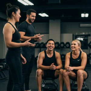 Trainer und Mitglieder im Fitnessstudio im Gespräch, freundliche und motivierende Atmosphäre während einer persönlichen Betreuung