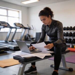 Frau im Fitnessstudio arbeitet am Laptop während dualem Studium