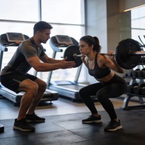 Personal trainer coaching a client in a modern gym