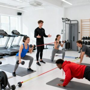 „Fitnesstrainer betreut eine Gruppe von Trainierenden in einem modernen, hellen Fitnessstudio bei gemeinsamen Übungen