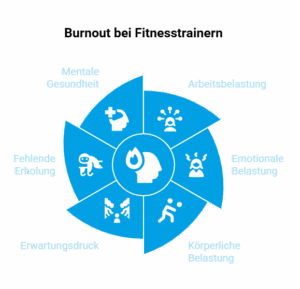 Grafik zu Burnout bei Fitnesstrainern mit Faktoren wie Arbeitsbelastung, emotionale Belastung, körperliche Belastung, Erwartungsdruck, fehlende Erholung und mentale Gesundheit.