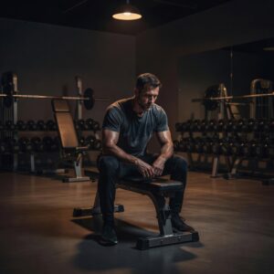 Erschöpfter Fitnesstrainer sitzt nach einer langen Schicht nachdenklich auf einer Hantelbank in einem modernen Fitnessstudio.
