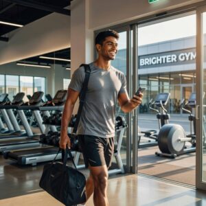 Junger Mann mit Sporttasche verlässt ein Fitnessstudio und wechselt in ein neues Studio nach der Kündigung seines Fitnessstudio-Abos.