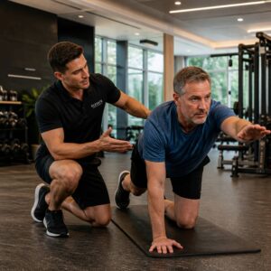 Qualifizierter Fitnesstrainer unterstützt einen Kunden bei einem gesundheitsorientierten Training im Fitnessstudio zur Förderung von Gesundheit, Beweglichkeit und Prävention.