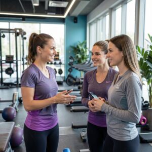 Trainerinnen und Fitnessprofis vernetzen sich in einem Fitnessstudio und tauschen sich über Karrierechancen in der Fitnessbranche aus.