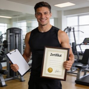 Fitnesstrainer mit Zertifikat und Klemmbrett in einem modernen Fitnessstudio als Symbol für Fortbildungen und berufliche Weiterbildung.