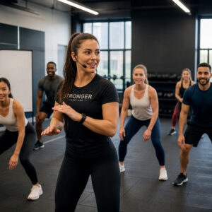 Junge Fitnesstrainerin leitet ihre erste Gruppenfitnessstunde in einem modernen Fitnessstudio und motiviert die Teilnehmer während des Trainings.