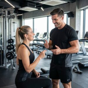 Fitnesstrainer motiviert und betreut eine Kundin während eines Trainings in einem modernen Fitnessstudio.
