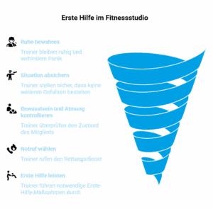 Infografik zur Ersten Hilfe im Fitnessstudio mit einer blauen Trichtergrafik und fünf Handlungsschritten: Ruhe bewahren, Situation absichern, Bewusstsein und Atmung kontrollieren, Notruf wählen und Erste Hilfe leisten.