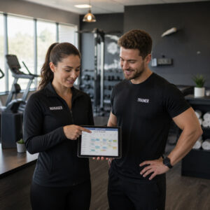 Studioleitung bespricht mit einem Trainer die flexible Dienstplanung auf einem Tablet in einem modernen Fitnessstudio.