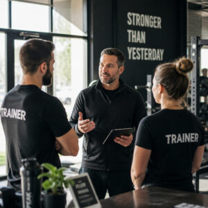 Studioleiter im Fitnessstudio bespricht mit seinem Trainerteam den Tagesablauf und organisiert den Studiobetrieb.