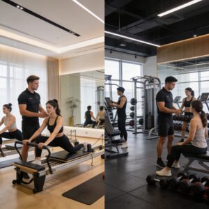Trainer betreut Mitglieder in einem Boutique-Studio und einer Fitnesskette im direkten Vergleich