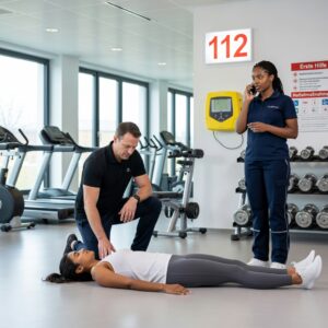 Trainer leistet Erste Hilfe bei einer bewusstlosen Person im Fitnessstudio, während eine Mitarbeiterin den Notruf 112 verständigt.