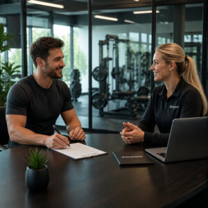 Fitnesstrainer führt in einem Fitnessstudio ein Gehaltsgespräch mit seiner Arbeitgeberin.