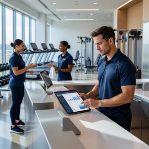 Trainer nutzt Fitnessstudio-Software auf einem Tablet an der Rezeption eines modernen Fitnessstudios.