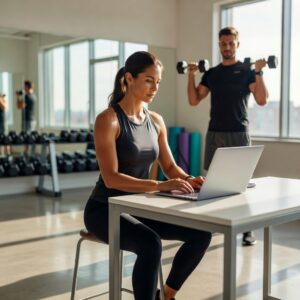 Fitnesstrainerin erstellt mit ChatGPT einen Trainingsplan am Laptop im Fitnessstudio, während ein Mitglied im Hintergrund trainiert.