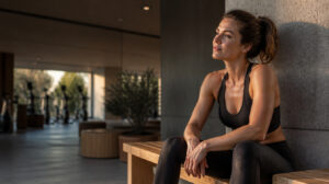 Sportlerin sitzt nach dem Training auf einer Bank im Fitnessstudio