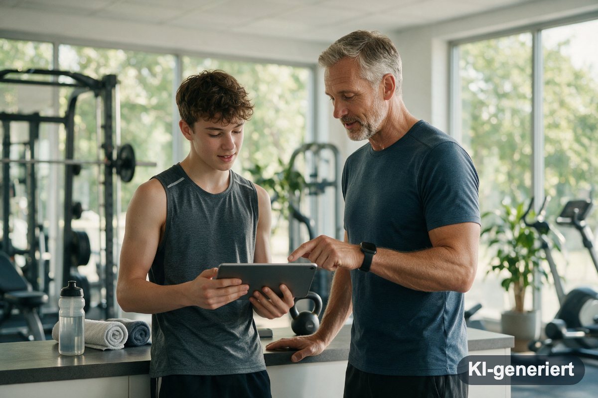 Dual Studierender bespricht einen Trainingsplan mit seinem Mentor (KI-generiertes Symbolbild)
