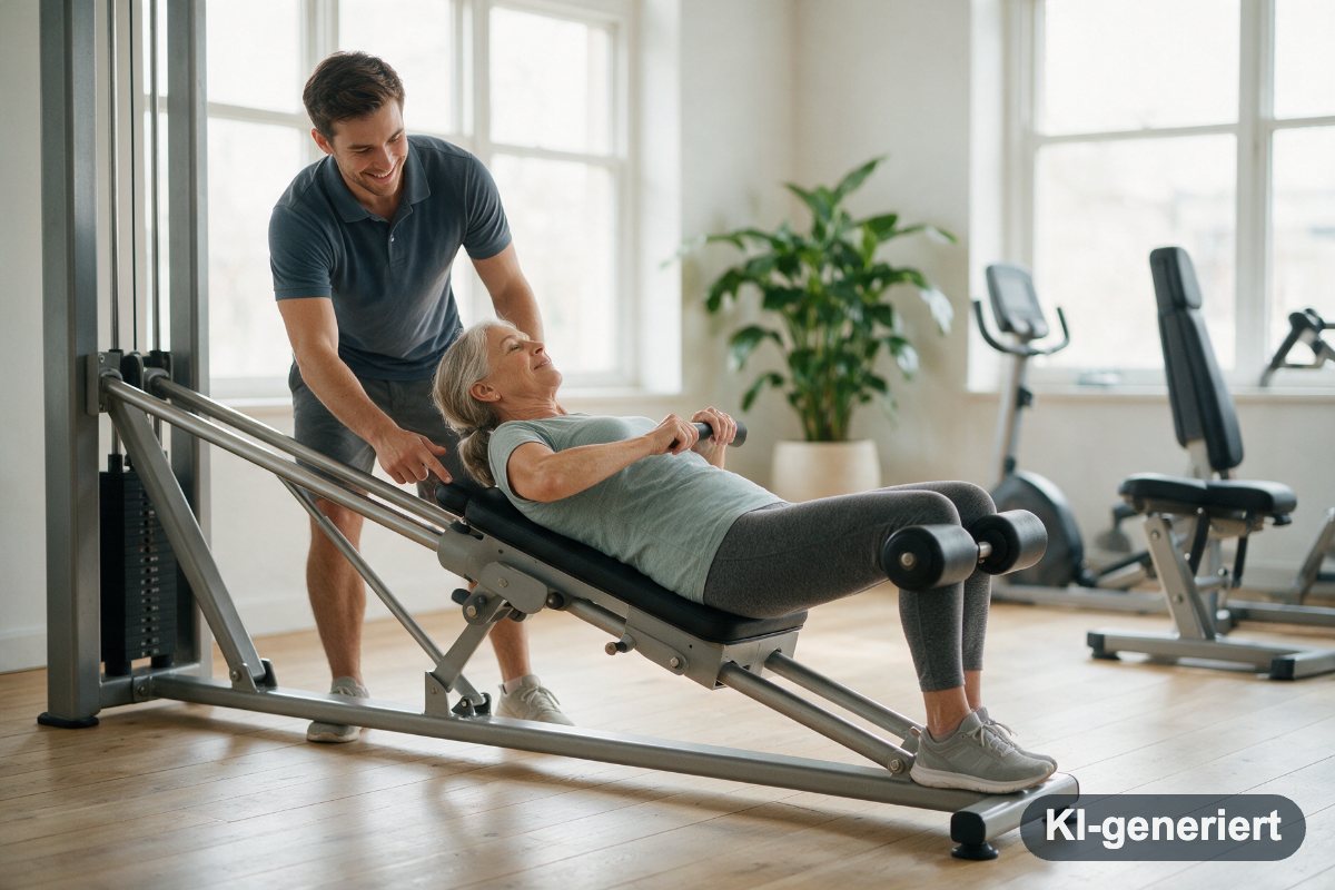 Trainer begleitet eine Kundin beim gerätegestützten Krafttraining (KI-generiertes Symbolbild)
