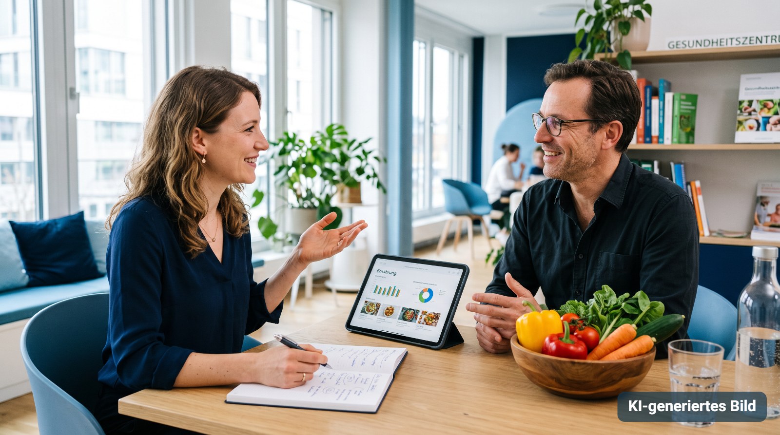Ernährungsberaterin im Beratungsgespräch mit einem Klienten, auf dem Tisch Gemüse und ein Tablet