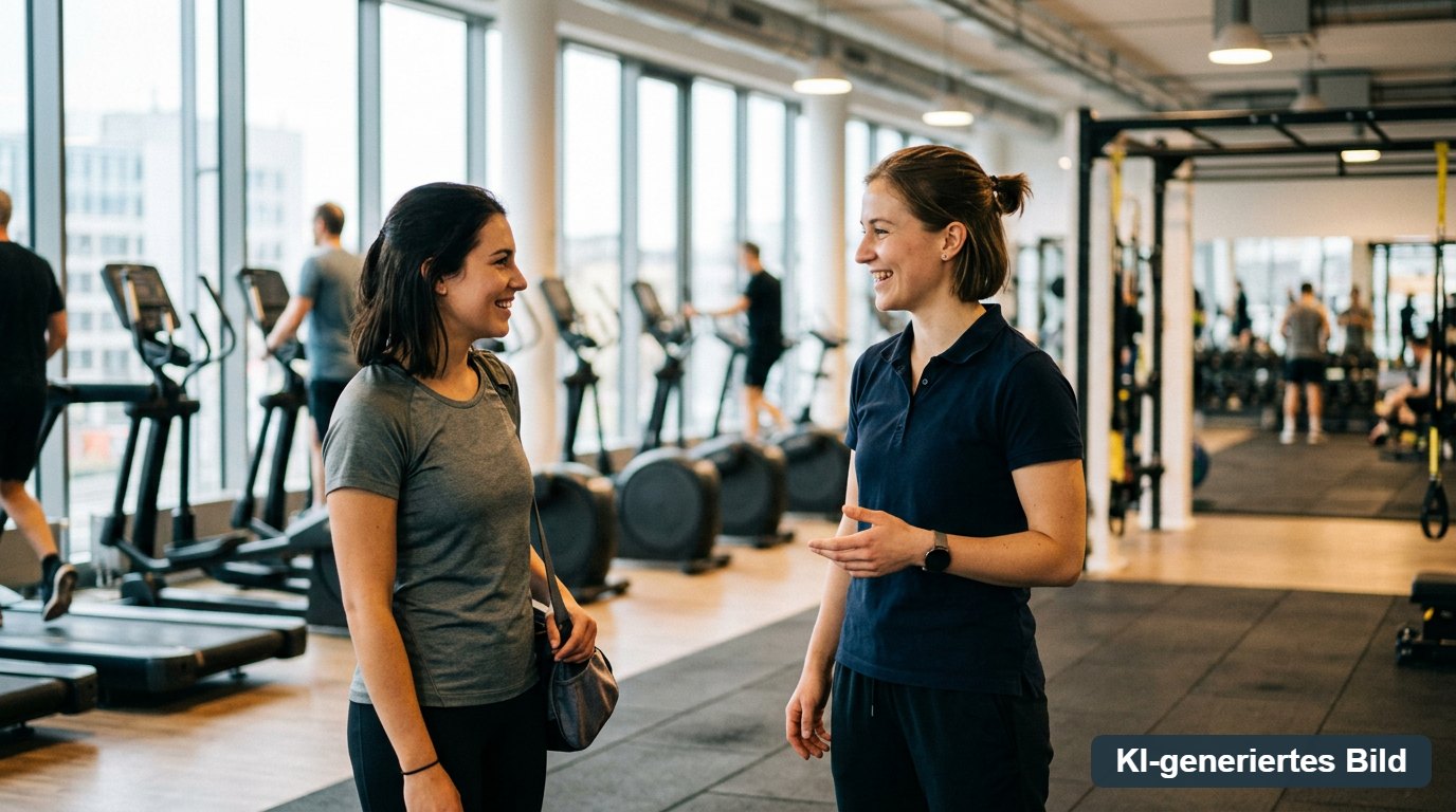 Fitnesstrainer im Poloshirt begrüßt ein neues Mitglied auf der Trainingsfläche eines modernen Fitnessstudios