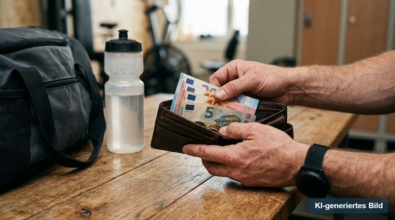 Hände halten ein Portemonnaie mit Geldscheinen neben einer Sporttasche auf einem Holztisch