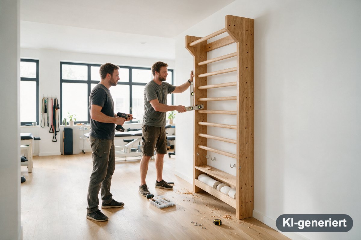 Zwei Schreiner montieren eine Holz-Trainingswand in einer Physiopraxis (KI-generiertes Symbolbild)