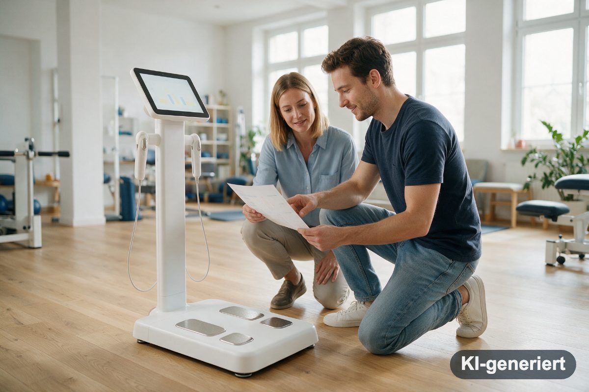 Vertriebsmitarbeiter demonstriert ein Körperanalyse-Gerät in einer Physiotherapie-Praxis (KI-generiertes Symbolbild)