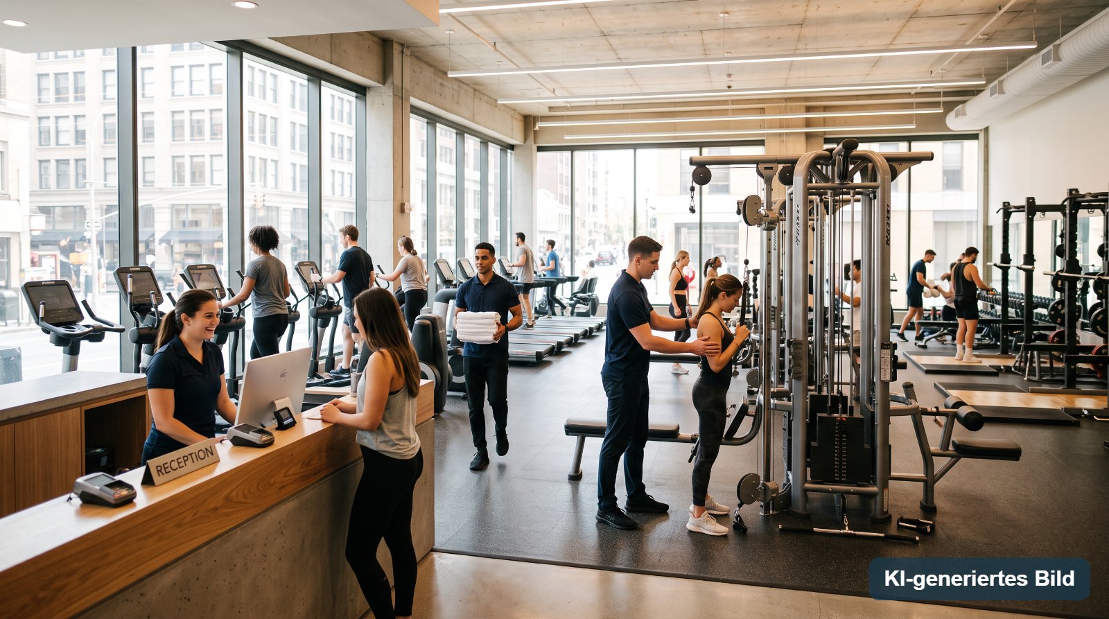 Team im Fitnessstudio bei der Arbeit: Betreuung an den Geräten, Empfang und Service (KI-generiertes Bild)