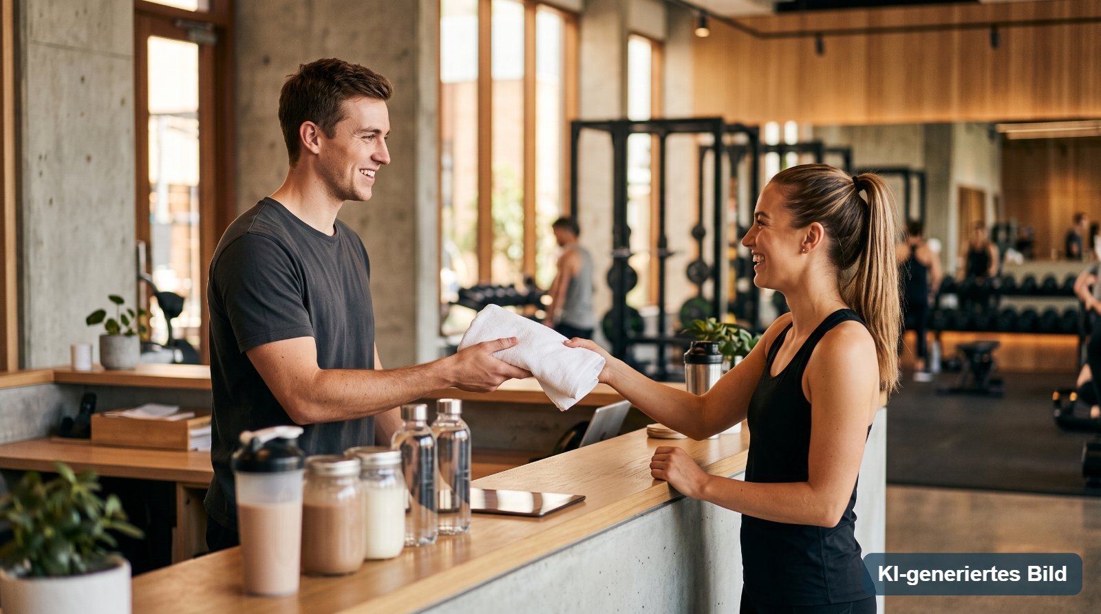 Aushilfe am Empfang eines Fitnessstudios reicht einem Mitglied ein Handtuch (KI-generiertes Bild)