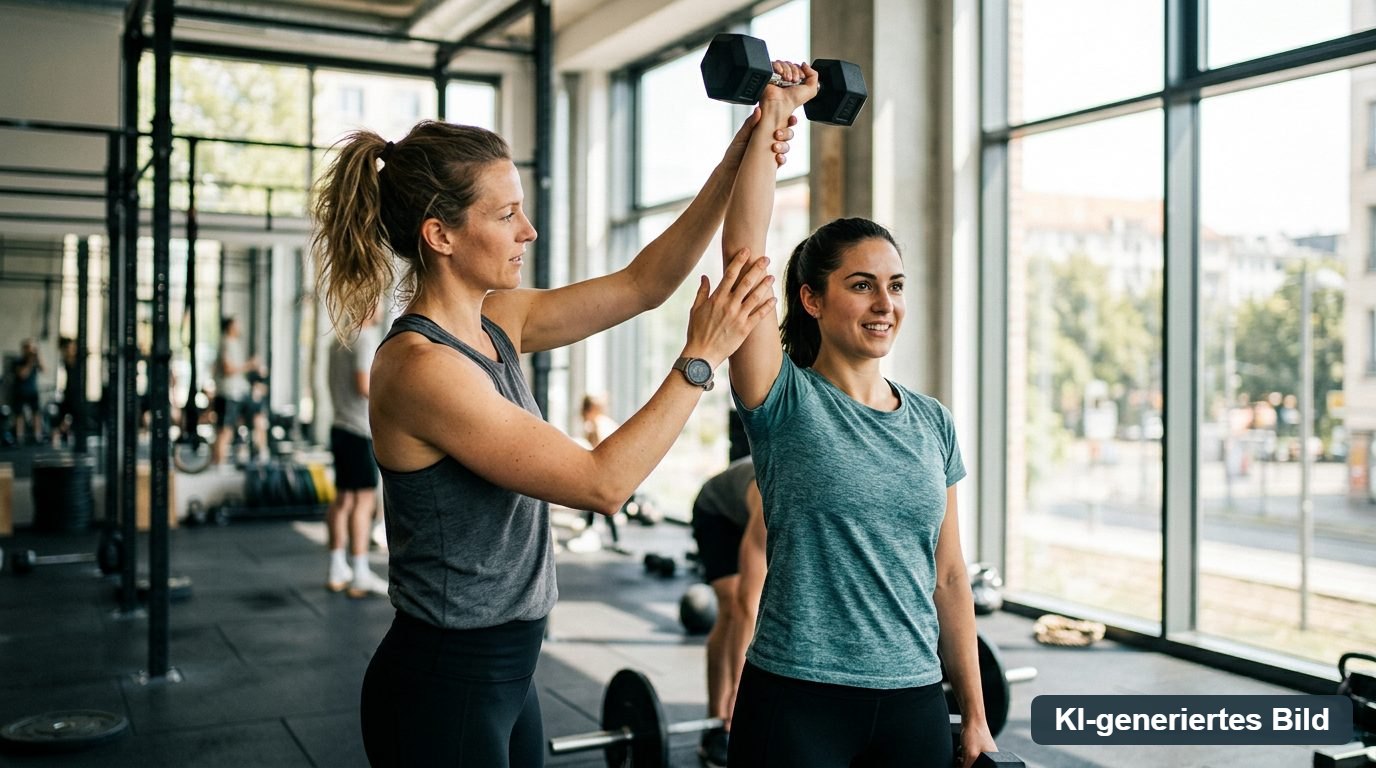 Personal Trainer korrigiert die Übungsausführung einer Kundin mit Kurzhanteln in einem modernen Fitnessstudio