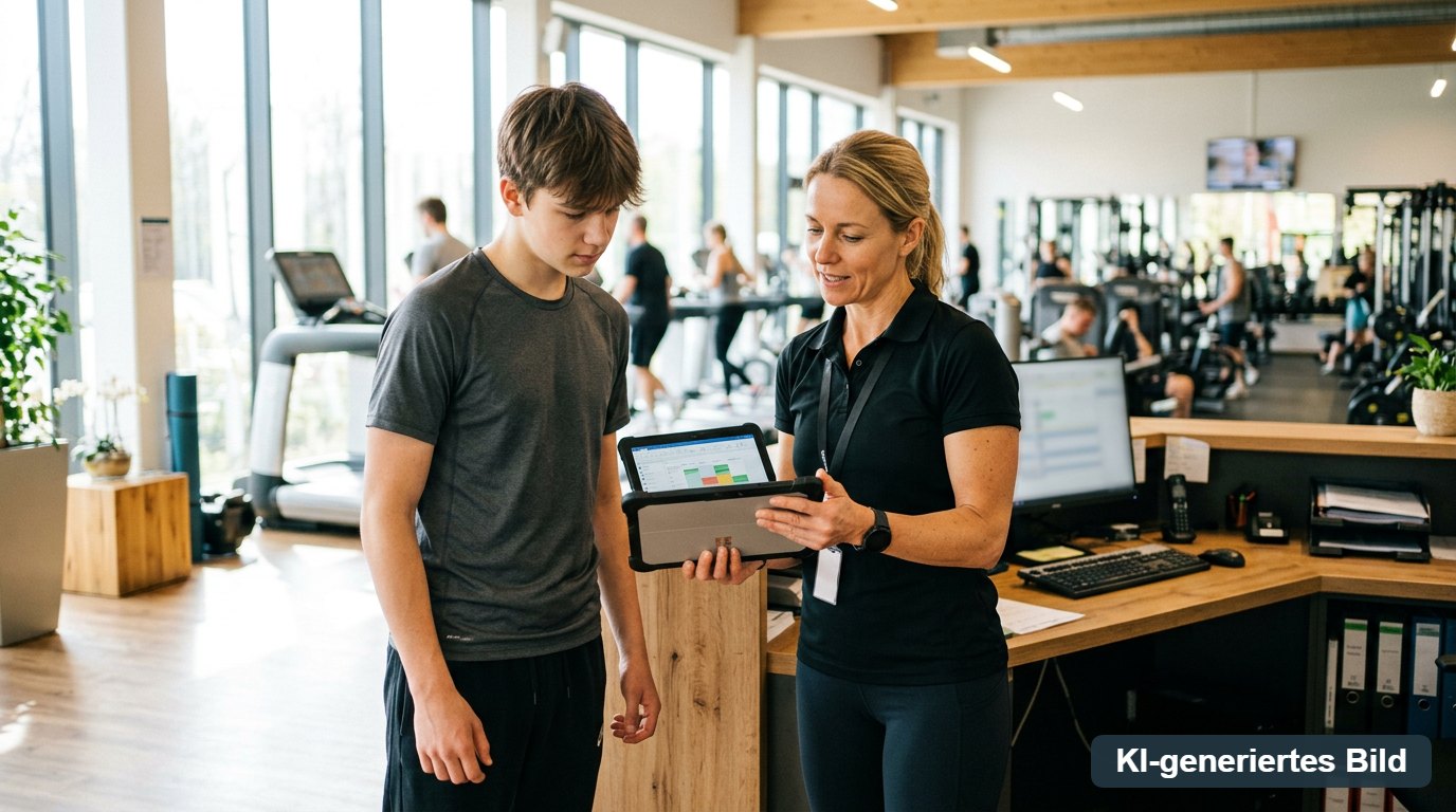 Jugendliche Praktikantin steht mit einer erfahrenen Trainerin am Empfang eines modernen Fitnessstudios und schaut auf ein Tablet