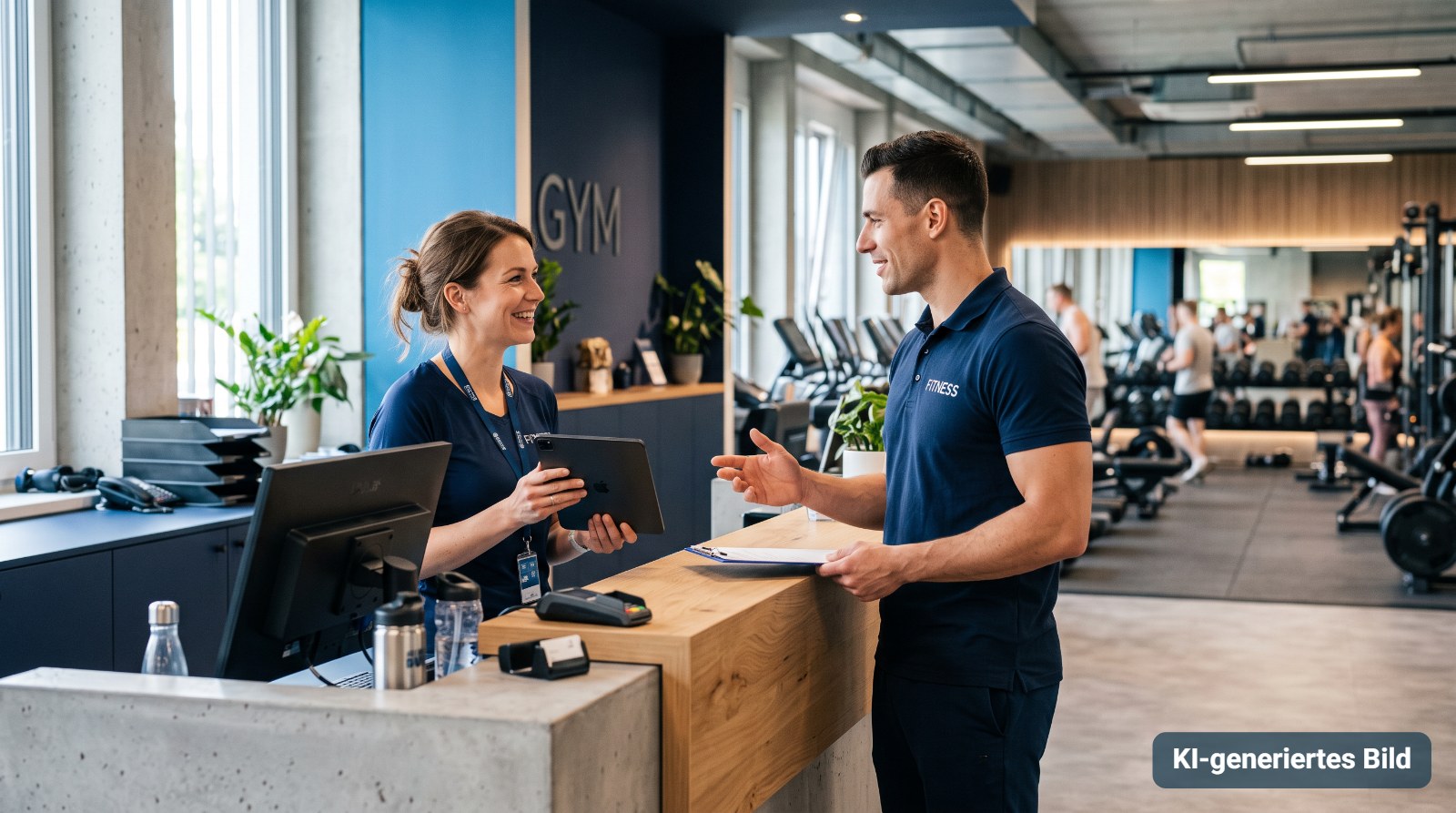 Studioleiterin mit Tablet im Gespräch mit einem Trainer am Empfang eines Fitnessstudios