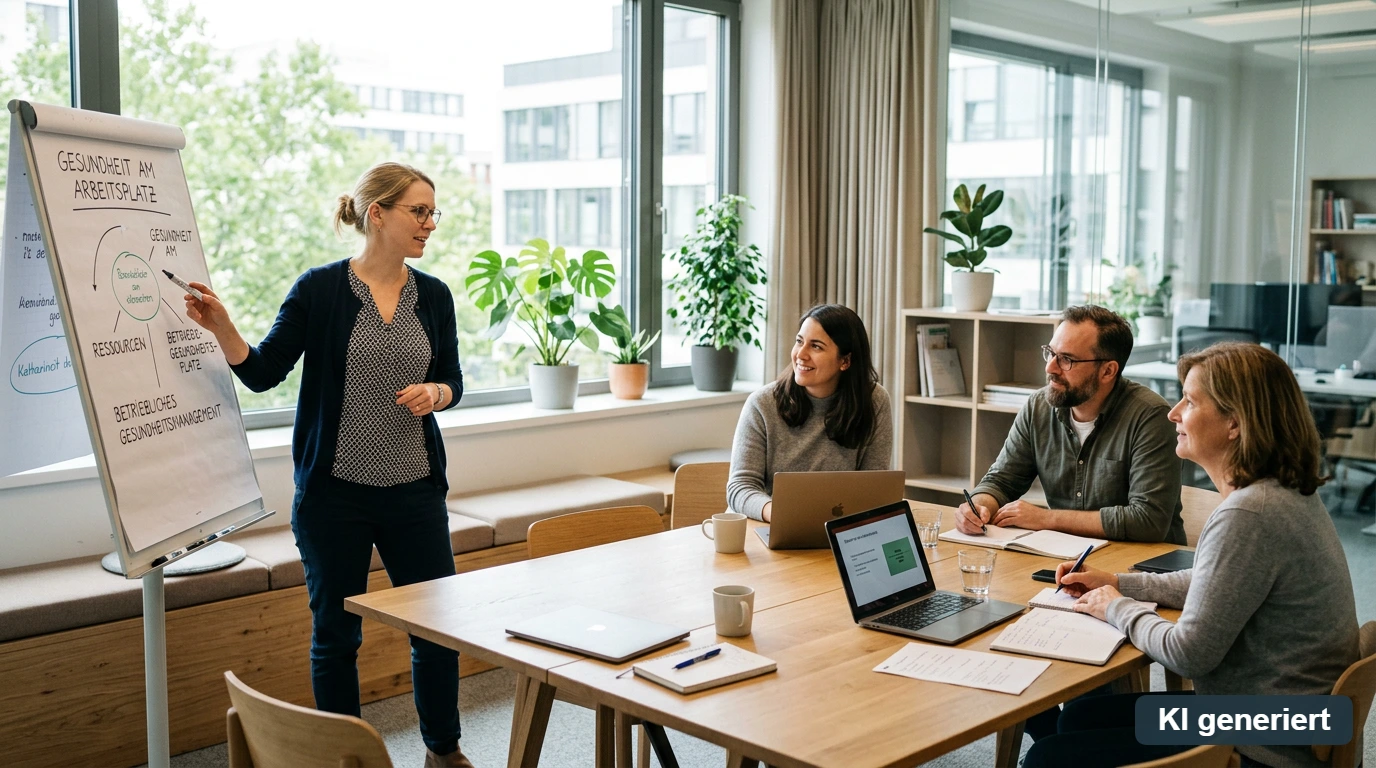 Gesundheitsmanagerin präsentiert ein Gesundheitsprogramm vor Kolleginnen und Kollegen im Besprechungsraum.