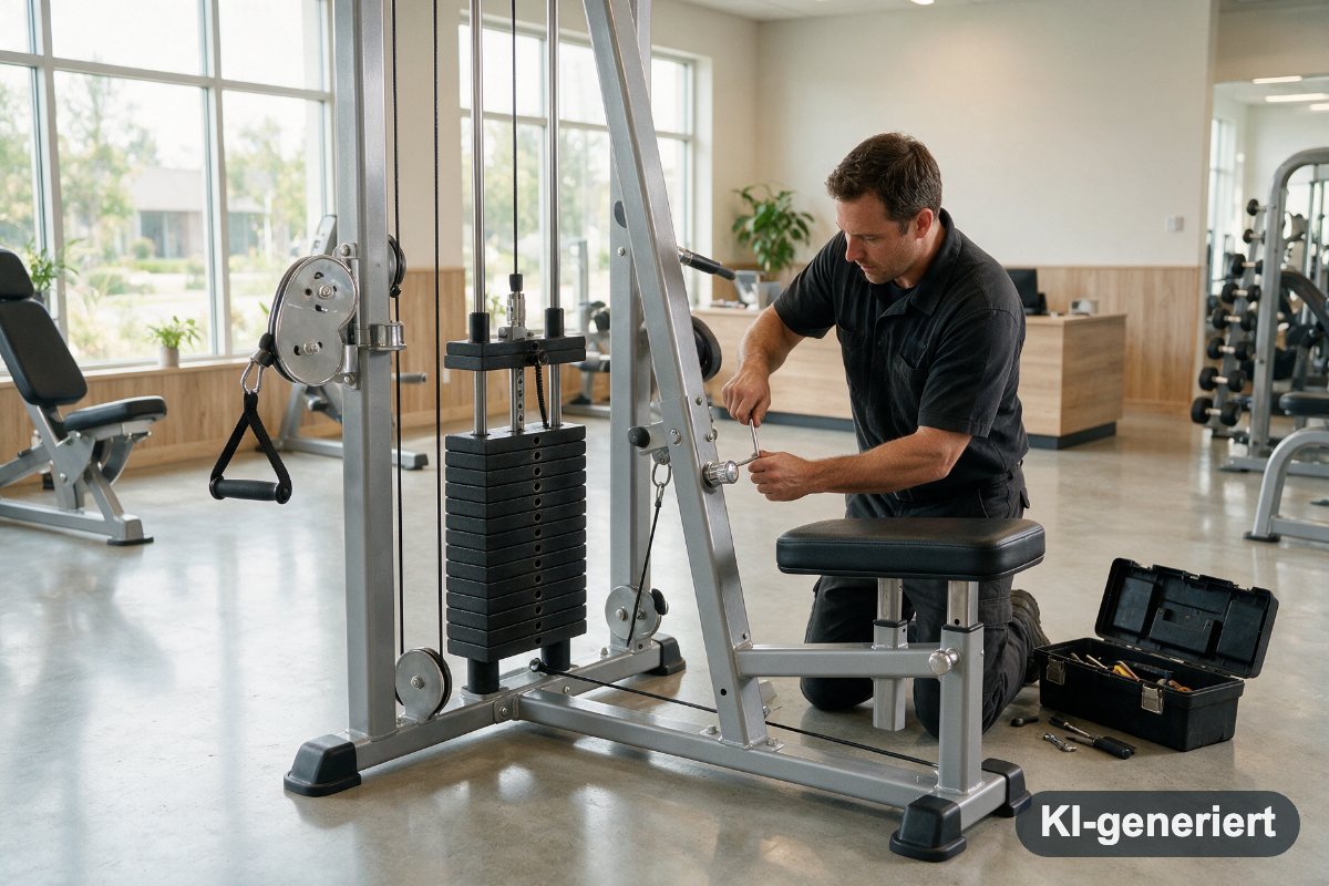 Servicetechniker montiert ein Kraftgerät mit Gewichtsstapel in einem Fitnessstudio (KI-generiertes Symbolbild)