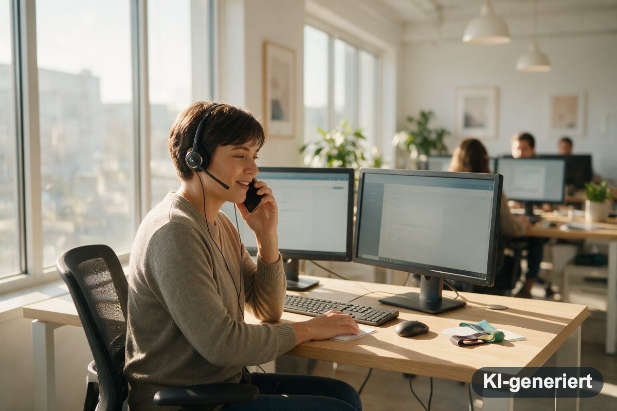 Mitarbeiterin im Kundenservice telefoniert mit Headset am Bildschirmarbeitsplatz (KI-generiertes Symbolbild)