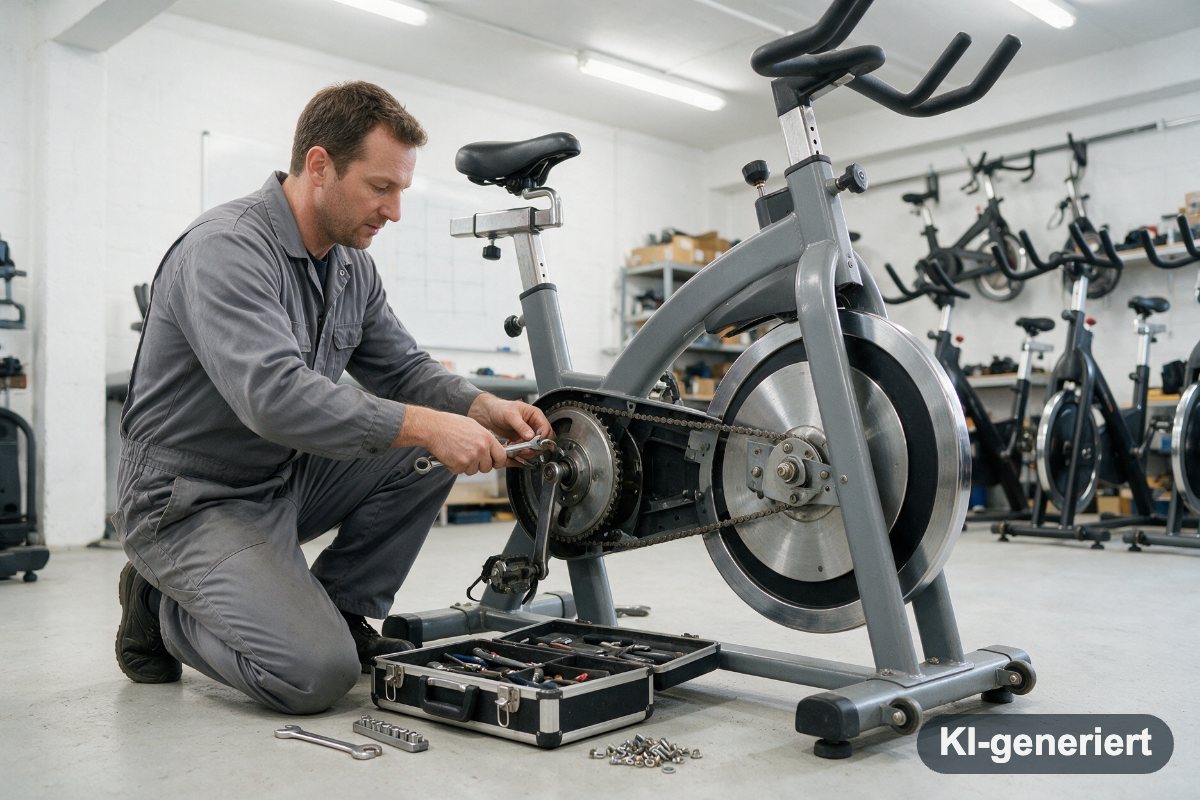 Servicetechniker repariert mit Werkzeug die Mechanik eines Heimtrainers (KI-generiertes Symbolbild)