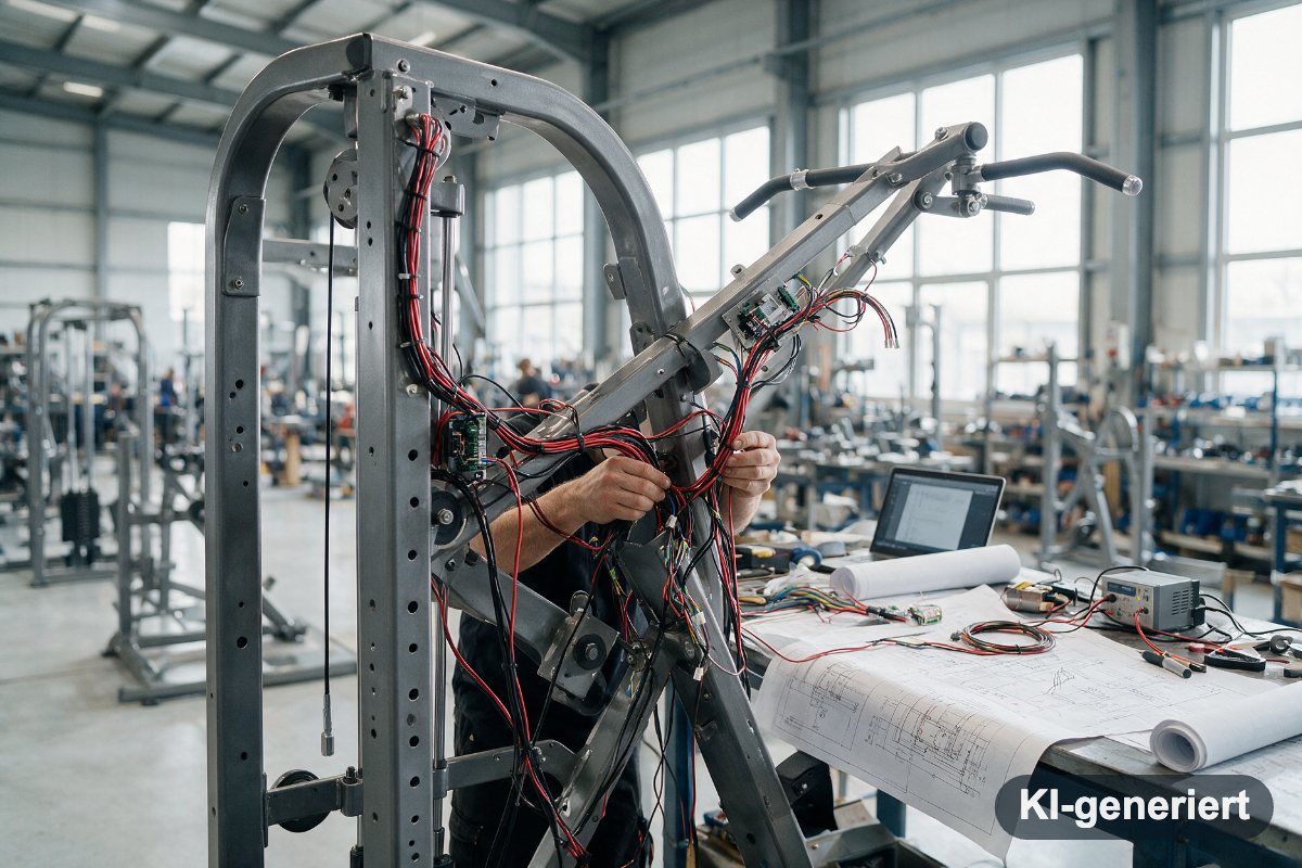 Monteur verkabelt die Elektronik eines Kraftgeräts in einer hellen Montagehalle (KI-generiertes Symbolbild)