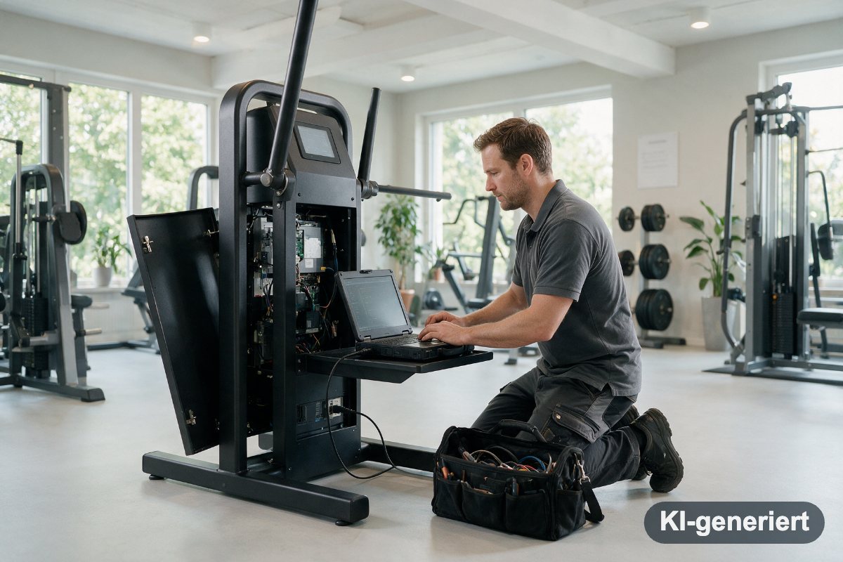 Servicetechniker prüft ein Trainingsgerät in einem Fitnessstudio mit dem Laptop (KI-generiertes Symbolbild)