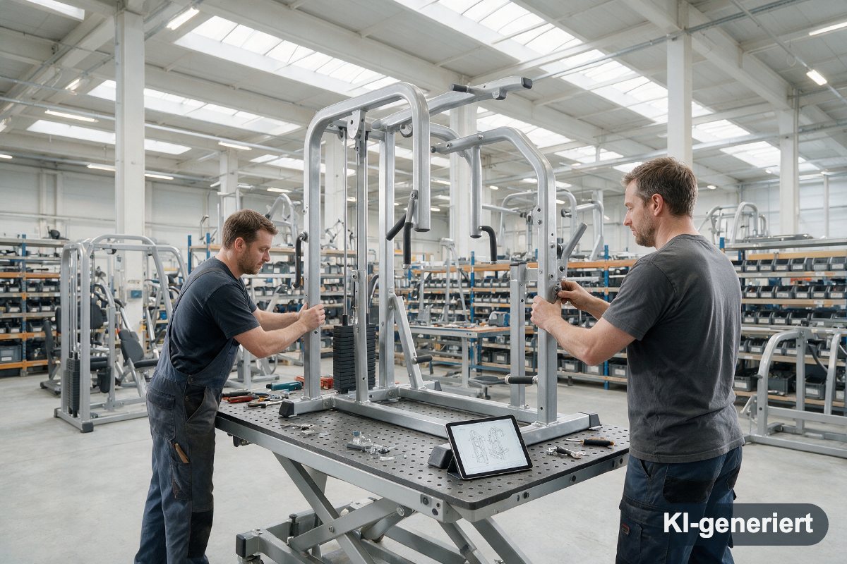 Monteure bauen in einer hellen Werkshalle ein Kraftgerät für die Reha zusammen (KI-generiertes Symbolbild)