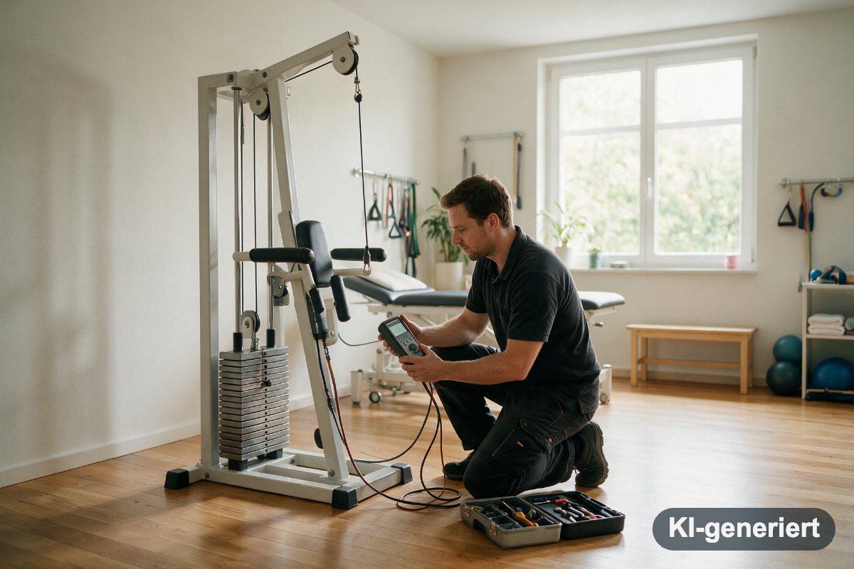 Servicetechniker prüft ein medizinisches Trainingsgerät mit einem Messgerät in einer Therapiepraxis (KI-generiertes Symbolbild)