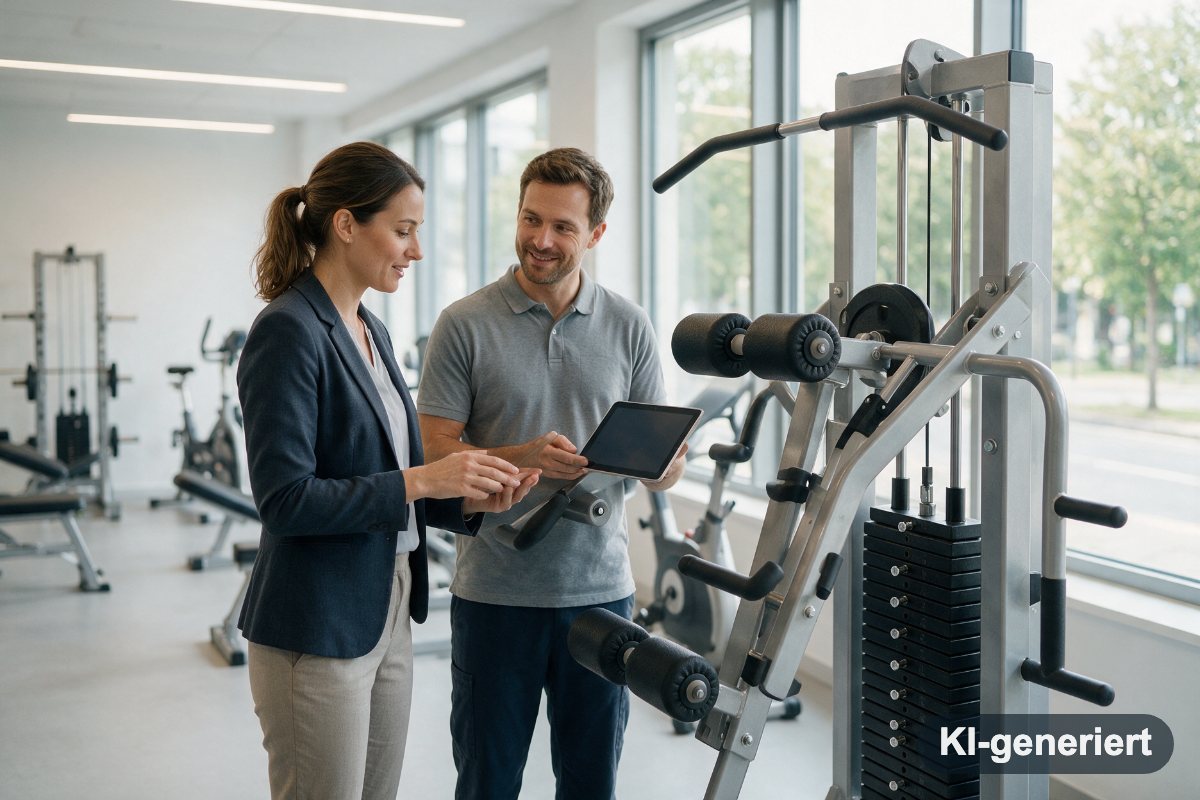 Medizinprodukteberaterin erklärt einem Physiotherapeuten ein Kraftgerät in einem Reha-Zentrum (KI-generiertes Symbolbild)