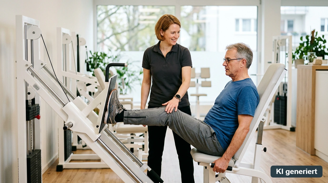 Trainerin begleitet einen älteren Mann an einem Reha-Trainingsgerät im Gesundheitsstudio.