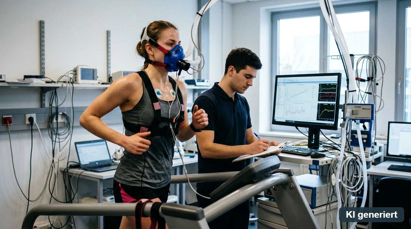 Sportwissenschaftler liest Messdaten während einer Leistungsdiagnostik auf dem Laufband.