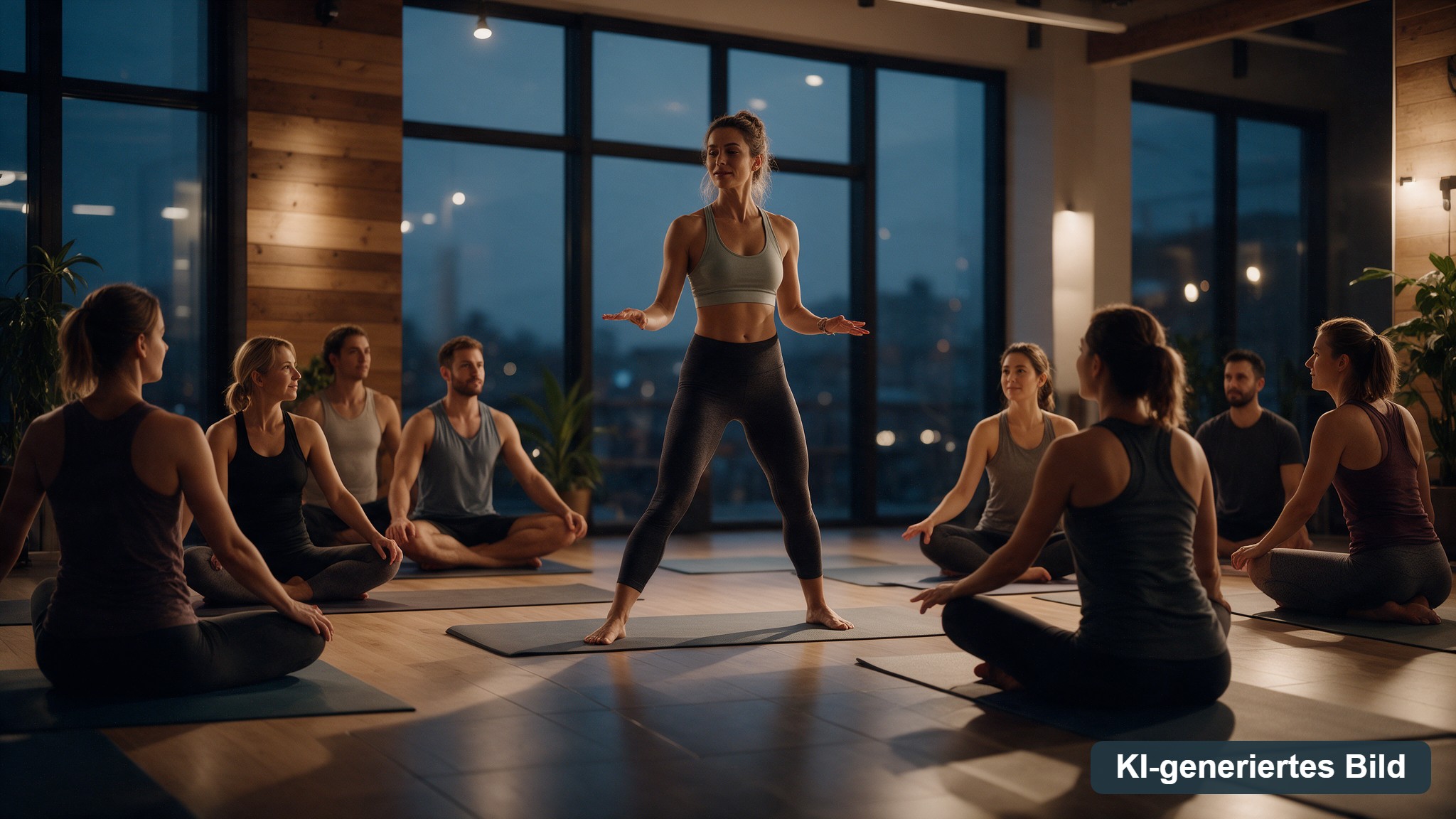 Yogalehrerin leitet eine kleine Gruppe auf Matten in einem Fitnessstudio an, warmes Abendlicht
